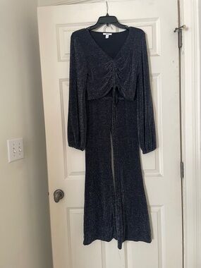 Women's Black Sparkle V-Neck Long Sleeve Top and Pants Set